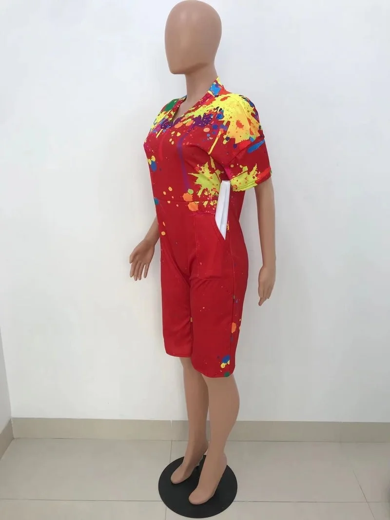 Fashion Casual Loose Pockets Splash Ink Positioning Printing Jumpsuits Women Summer High Waist Fitness Playsuit One Piece Outfit