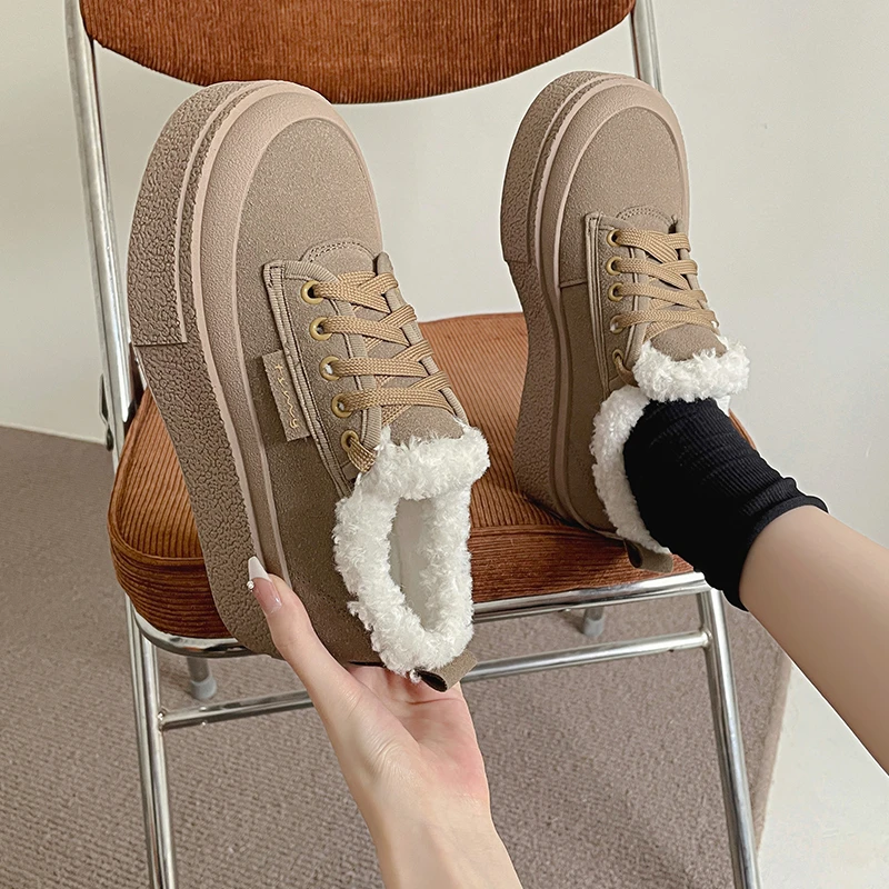 Autumn 2023 New Versatile Round Toe Thick Sole South Korean Lace Up Board Shoes Women's Frosted Leather Elevated Casual Sneakers