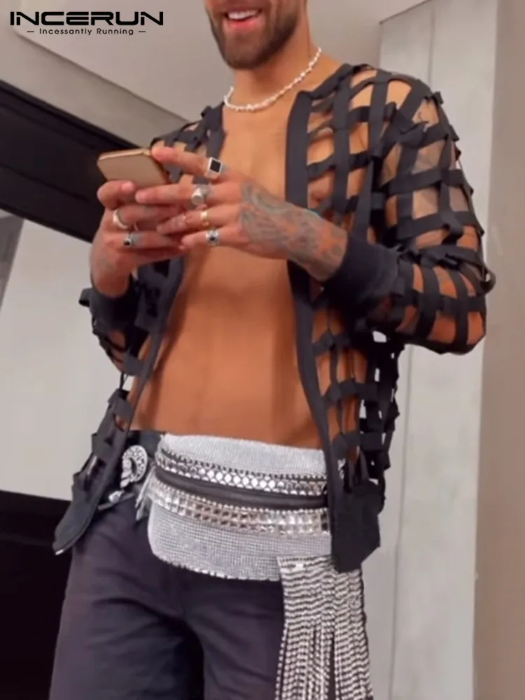 

Fashion Men Shirt Solid Color Hollow Out 2022 Transparent Zipper O-neck Long Sleeve Shirts Sexy Streetwear Camisas 5XL INCERUN 7