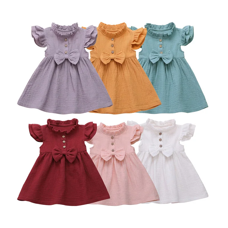 

Summer Baby Girl Dress Fashion Solid Color Baby Girl Dress Ruffle Sleeve Bow Dress Baby Girl Cotton Clothing