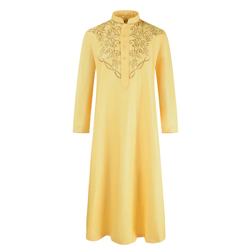 Autumn Embroidery Solid Color Muslim Men's Long Robes Islamic Clothing With Button Stand Collar Jubba Thobe Middle East Kaftan