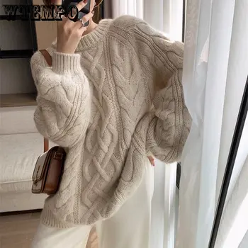 WTEMPO Long Sleeve Vintage Twist Knitted Sweater Women Purple Red Knitwear Loose Pullover Jumper Female Clothing Winter New 1