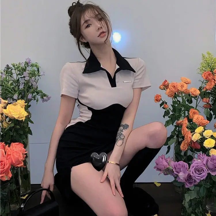 

Платье в стиле преппи для девушек, женское летнее платье-поло с воротником контрастных цветов, новинка 2022, облегающее короткое платье-футля...