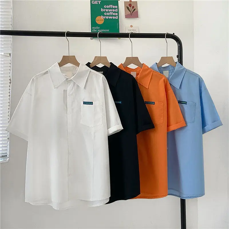 

2022 New Arrival Men's Shirts Solid Color Short Sleeve Hawaiian Shirt Summer Casual Button Up White Shirts Blouses Top Camicias