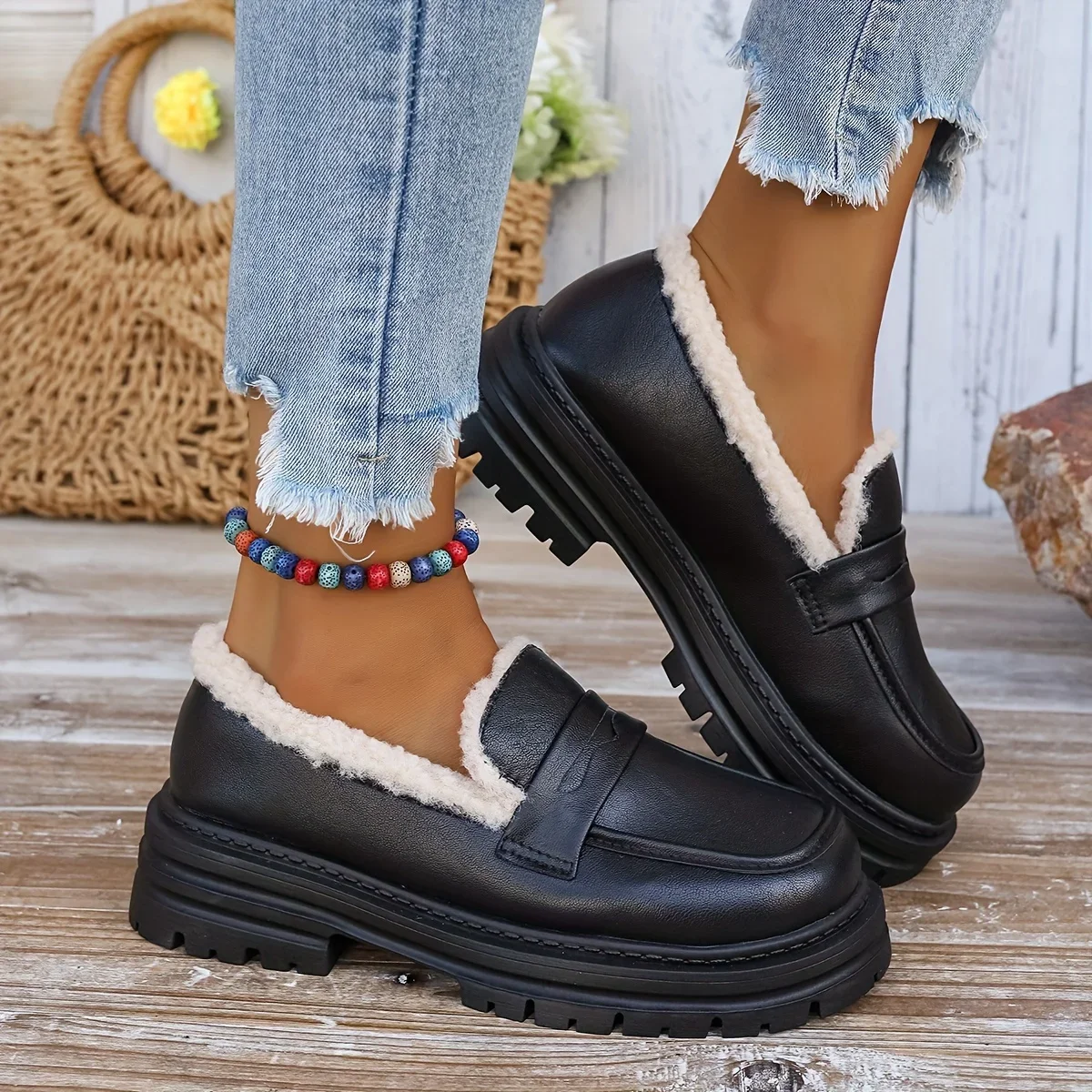 Женские однотонные пушистые лоферы удобная теплая обувь на мягкой подошве и