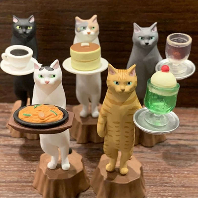 Фото Фигурка из гашапона Kitan Club Cat Waiter Pure Coffee: черный кот, трехцветный кот, оранжевый кот, подающий напитки и десерты, декоративное изделие из смолы. №1