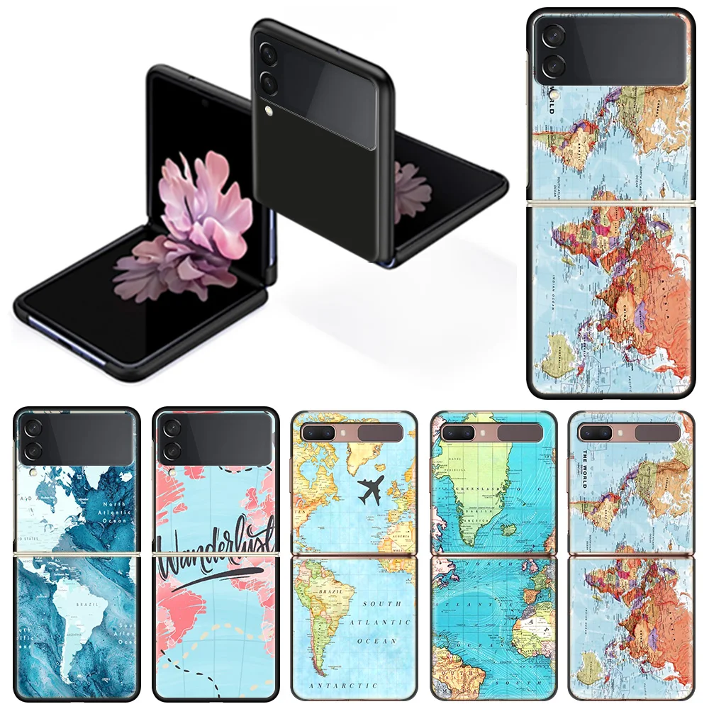 

Fashion Case for Samsung Galaxy Z Flip3 5G Flip 4G Shockproof Capa 6.7 Inches Black Hard PC ZFlip 3 Phone Cover World Map Travel