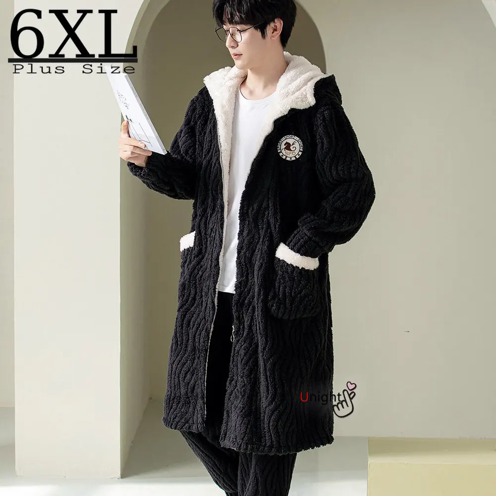 

Зимняя мужская ночная рубашка, пижамный комплект из 2 предметов, большие размеры 6XL, плотная одежда для сна, теплая фланелевая кимоно, халат, комплект, Коралловая домашняя одежда