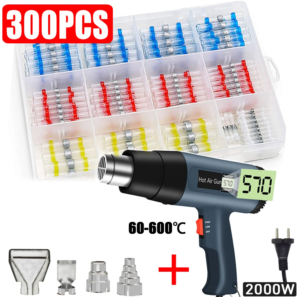 

50/300PCS Waterproof Heat Shrink Butt Crimp Terminals Solder Seal Electrical Wire Cable Splice Terminal Kit with Hot Air Gun