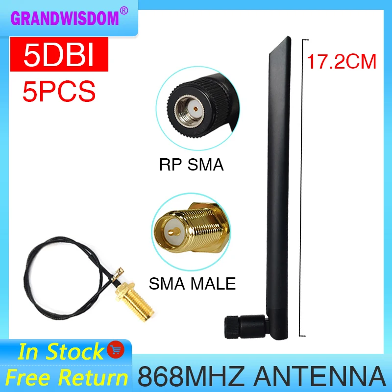 

5PCS 868MHz 915MHz lora Antenna 5dbi RP-SMA Connector GSM 915 868 MHz IOT PBX antenna antenne +21cm SMA Male /u.FL Pigtail Cable