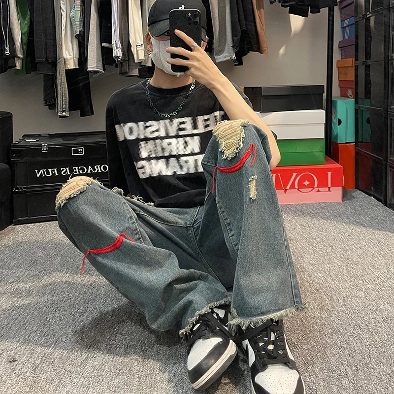DEEPTOWN Ripped Jeans Men Retro Streetwear Straight Trousers Summer Hip-hop Embroidery Loose Denim Pants Fashion Hole Distressed