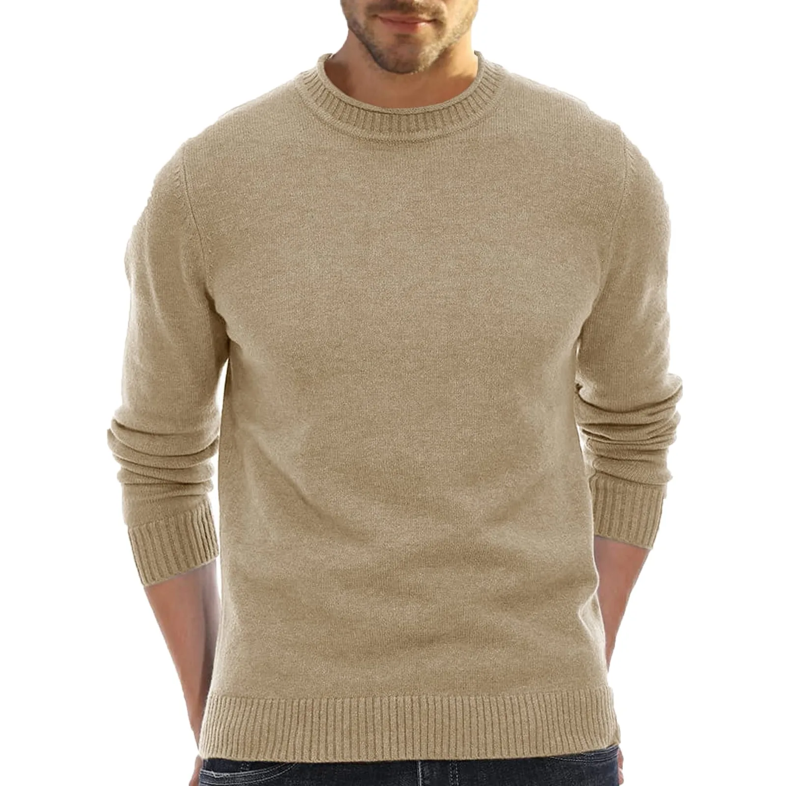 

Men Autumn And Winter Solid Color Pleated Loose And Comfortable Warm Round Neck Long Sleeve Sweater
