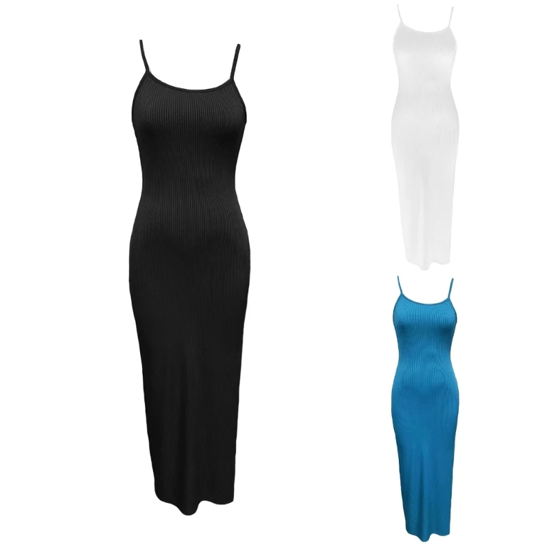 

Long Dress Bodycon High Waisted Cloth Solid Color Sleeveless Crewneck Dresses