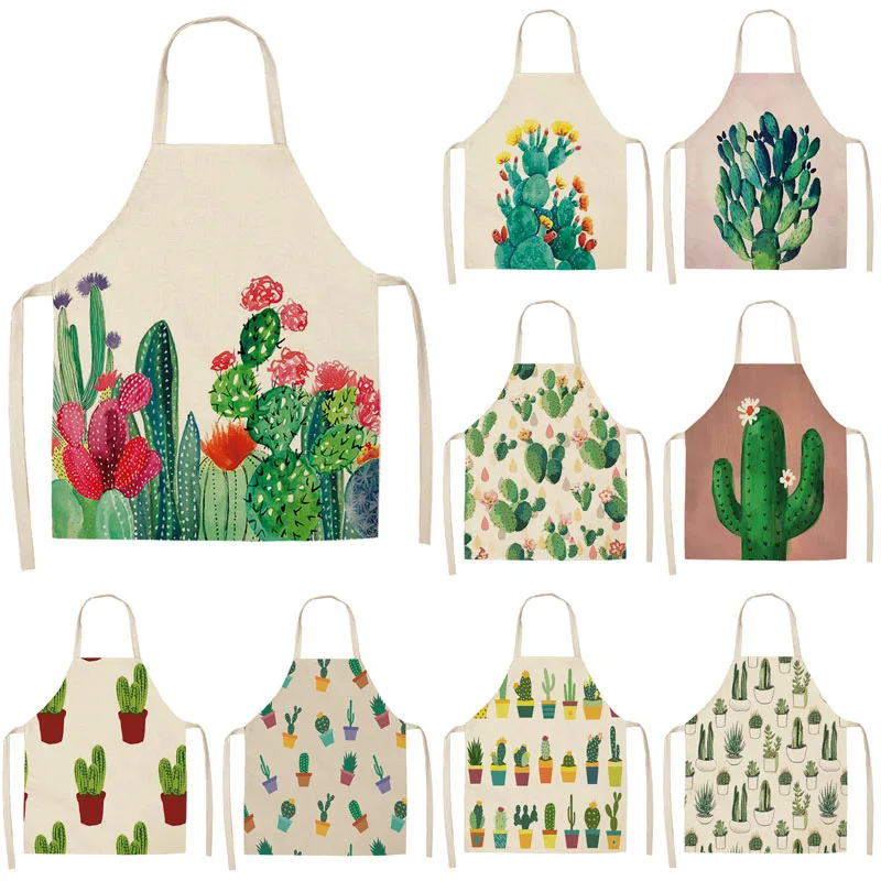 

1Pc Cactus Pattern Kitchen Apron for Woman Sleeveless Cotton Linen Aprons Home Cooking Baking Bibs Cleaning Tools 55x68cm