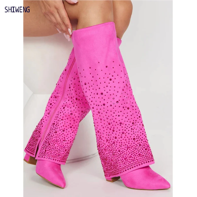 

Женские высокие сапоги до колена, черные, розовые сапоги с острым носком, с карманами и кристаллами, на квадратном каблуке, с длинными брюками, сценическая обувь для женщин 44