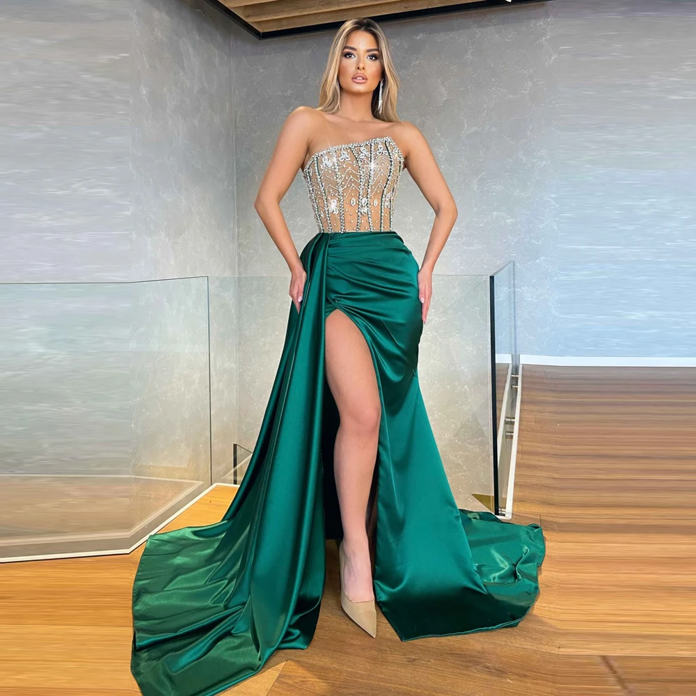 

Luxury Beaded Mermaid Prom Dress 2022 Asymmetric Strapless Side Slit Evening Gown Long Emerald Green Pageant Party Dress