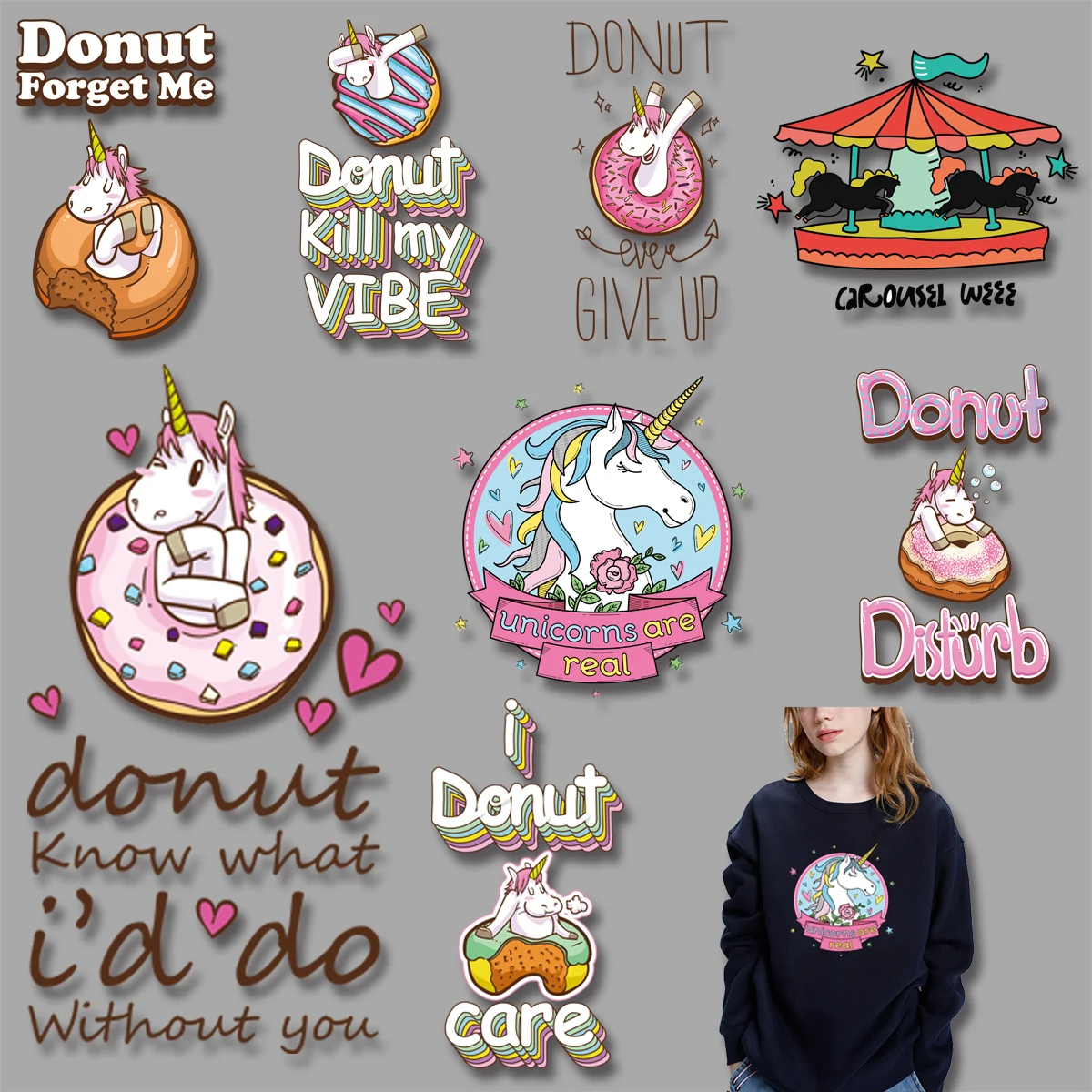 

Cartoon Animal Alphabet Unicorn Aarousel Pattern Heat Transfer for Clothing Printed on Jackets Bags Socks Pillow DIY Appliques