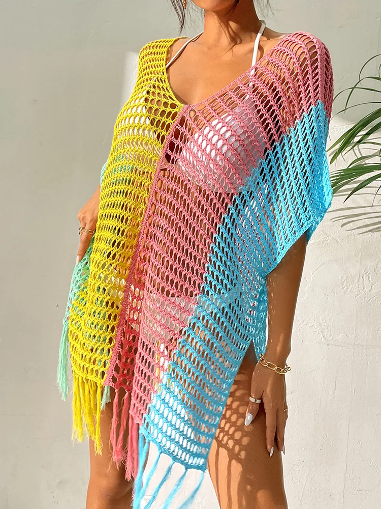 

Miyouj See-Though Mini Dress Sexy Beach Cover-Up Crochet Patchwork Swimsuit Cover Ups Swimwear Split Tassel Women Clothes Summer