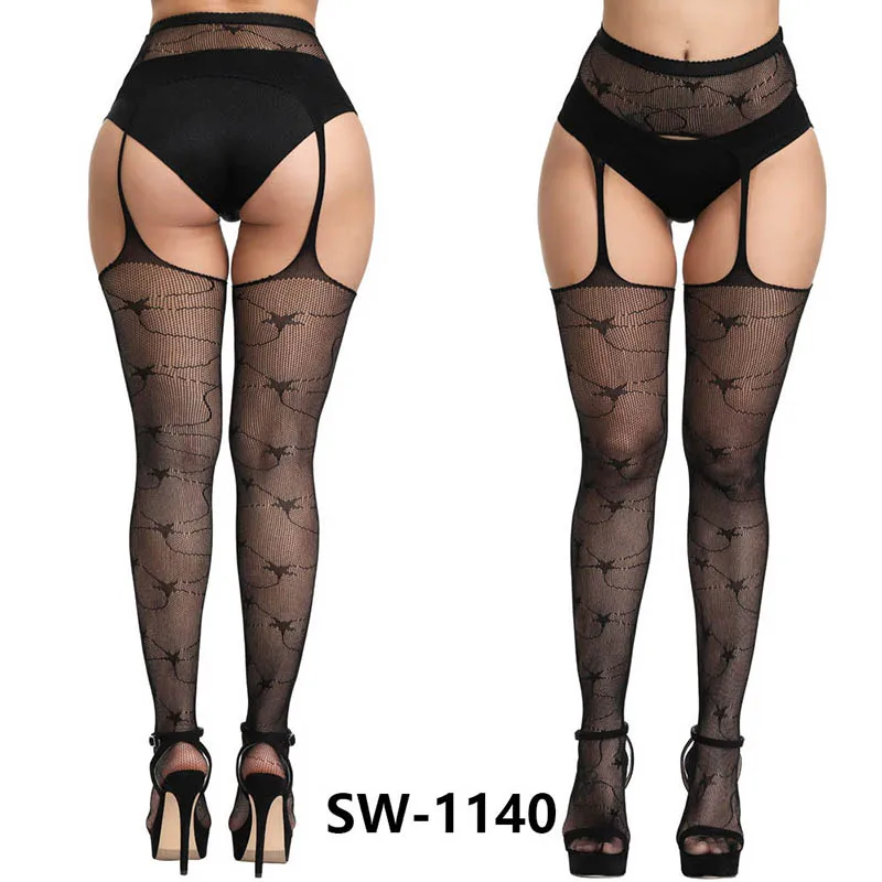 

Lady Sexy Fashion Elastic Fishnet Conjoined Garter Black Stockings Pantyhoses Lace Mesh Jacquard Women Bottoming Body Long Socks