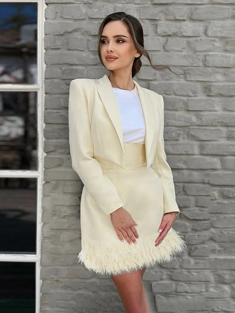 

Elegant Long Sleeve Short Blazer Feather Patchwork Mini Skirts Two Pieces Sets Dresses for Women 2022 Autumn Office Lady Outfits