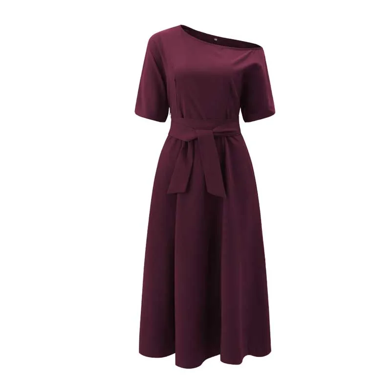 

Women's Slanted Shoulder Neck Strap Waist Slim Pure Color Dresses