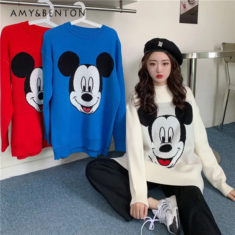 

Осенне-зимний Красный Свитер оверсайз, пуловер для женщин, универсальный свободный облегающий свитер, свитер средней длины с круглым вырезом