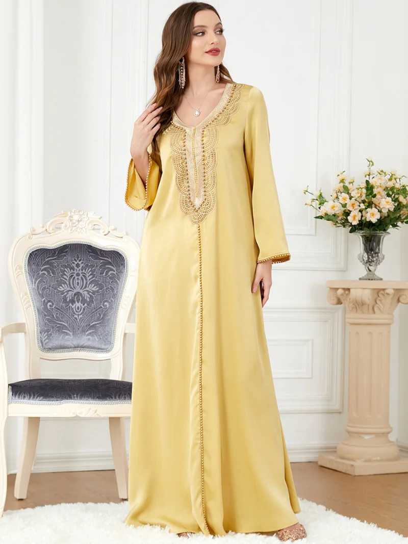 Arab Clothes for Women Golden Yellow Beaded Abaya Dress Ramadan Eid 2023 Elegant Muslim Dubai Turkey Moroccan Jalabiya