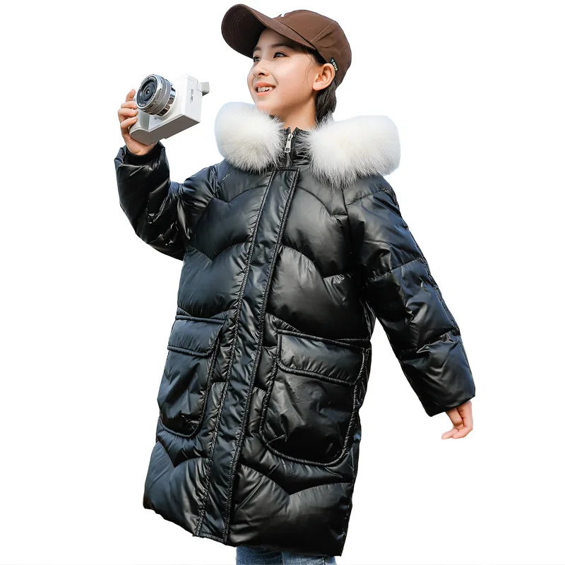 Girls Down Jacket Winter Mid-Length New Fashion Coats Children's Clothing for Teens Hooded Top Snowsuit with Fur Collar 4-12 Yrs