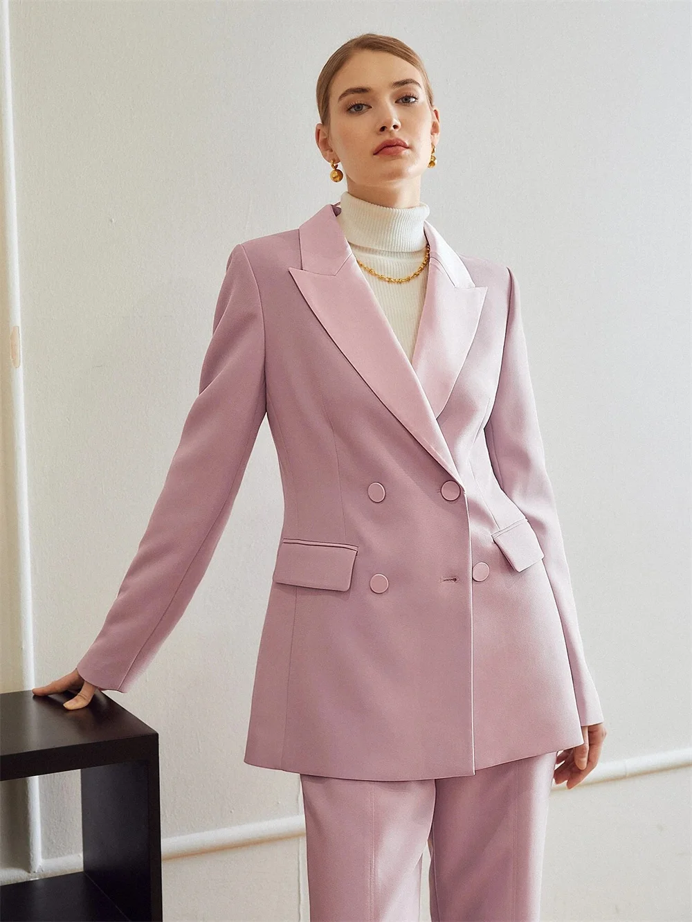 Women's Suits Velvet Office Ladies Mid Length Blazer&Trousers Double Breasted Lapel Solid Slim Business 2 Piece Set Pantsuits