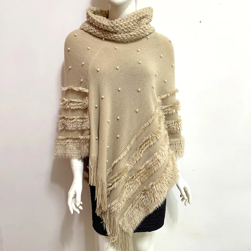 

Свободный свитер-водолазка с бахромой, Осеннее пончо, осенне-зимняя накидка, шаль для женщин, вязаный однотонный пуловер с меховой оторочкой и жемчугом
