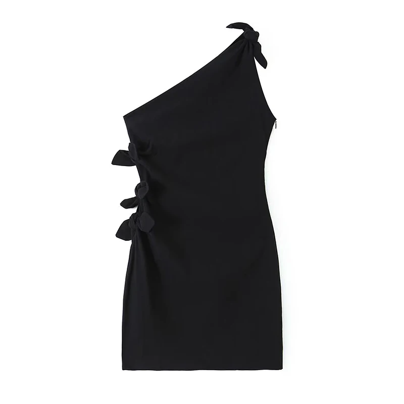 

YENKYE 2023 Women Black Asymmetric Knotted Mini Dress Sleeveless Female Party Sexy Vestidos