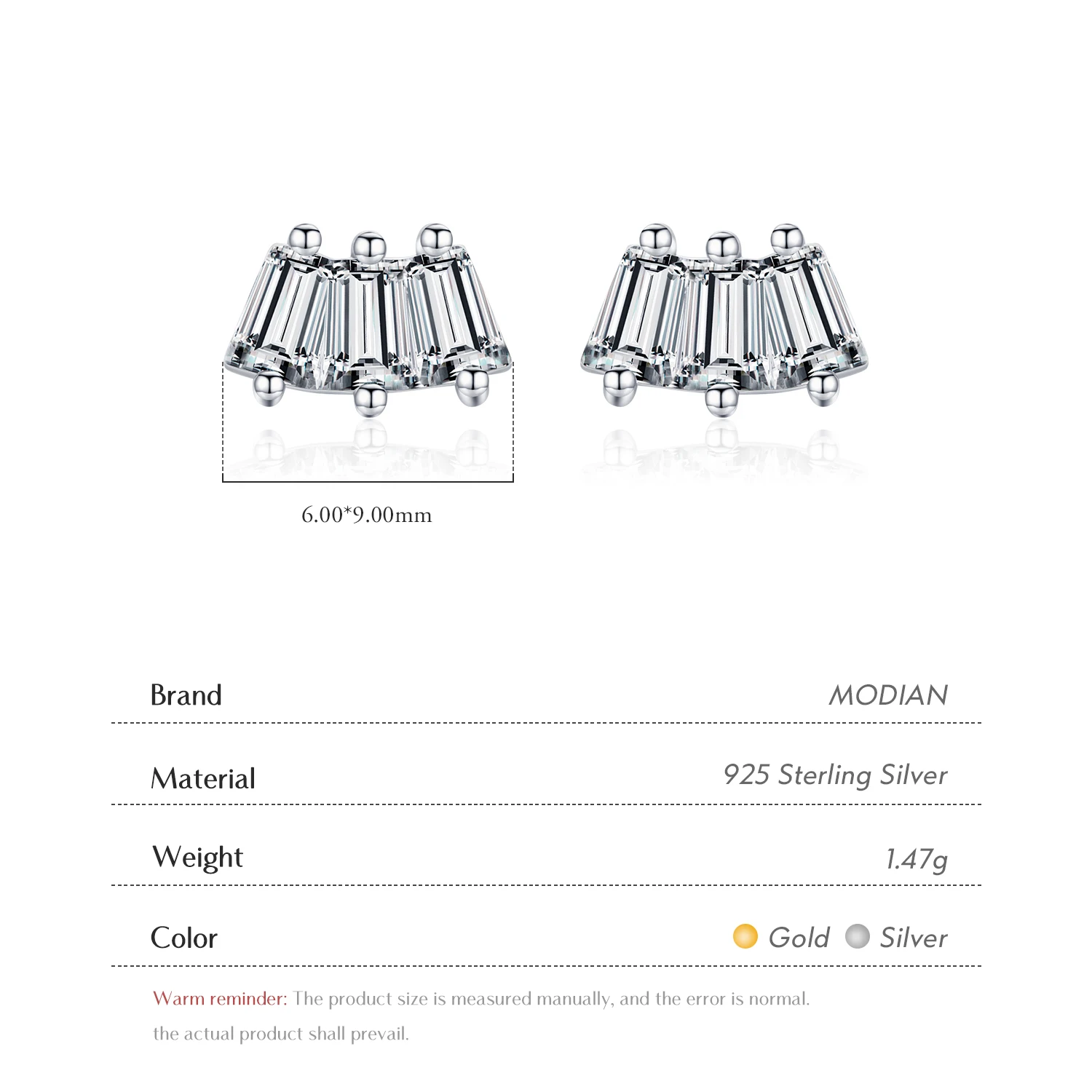 Серьги-гвоздики женские из серебра 100% пробы с фианитами