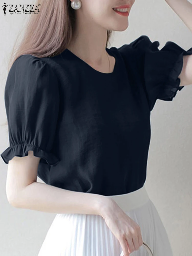 

ZANZEA Woman Fashion Puff Sleeve Blouse Summer Casual Ruffles Shirt Female O-Neck Tunic Tops Elegant Streetwear OL Blusas 2023