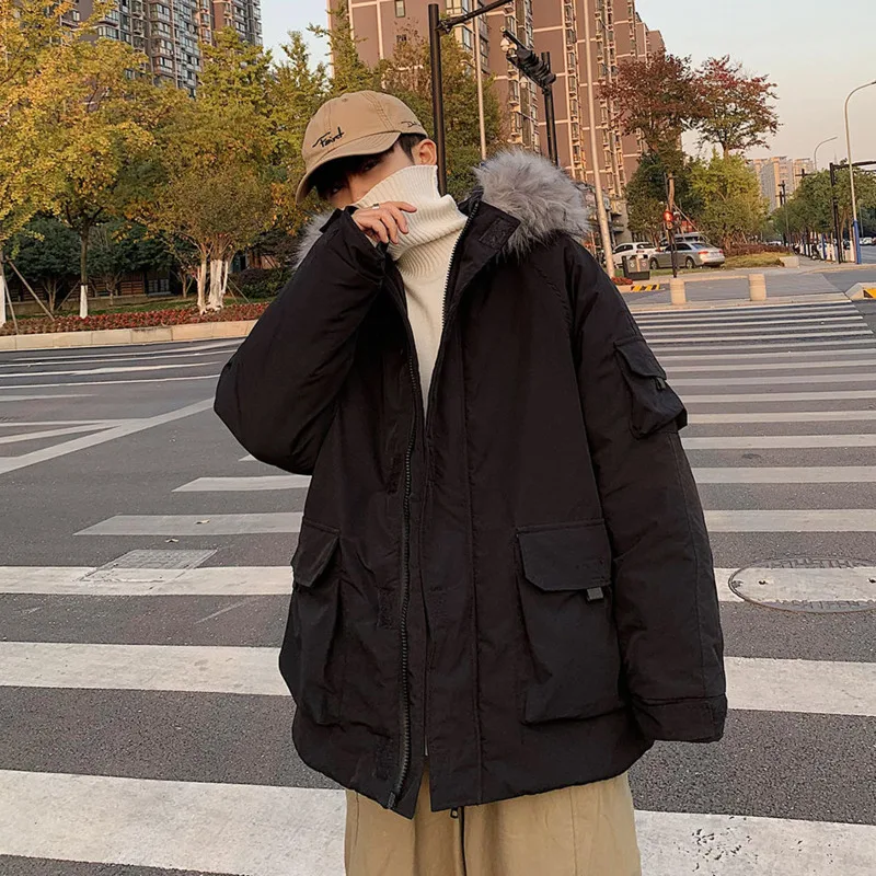 Winter Jacket Men Warm Fashion 3 Colors Casual Fur Collar Hooded Thick Jacket Men Streetwear Loose Short Coat Mens Parker M-2XL