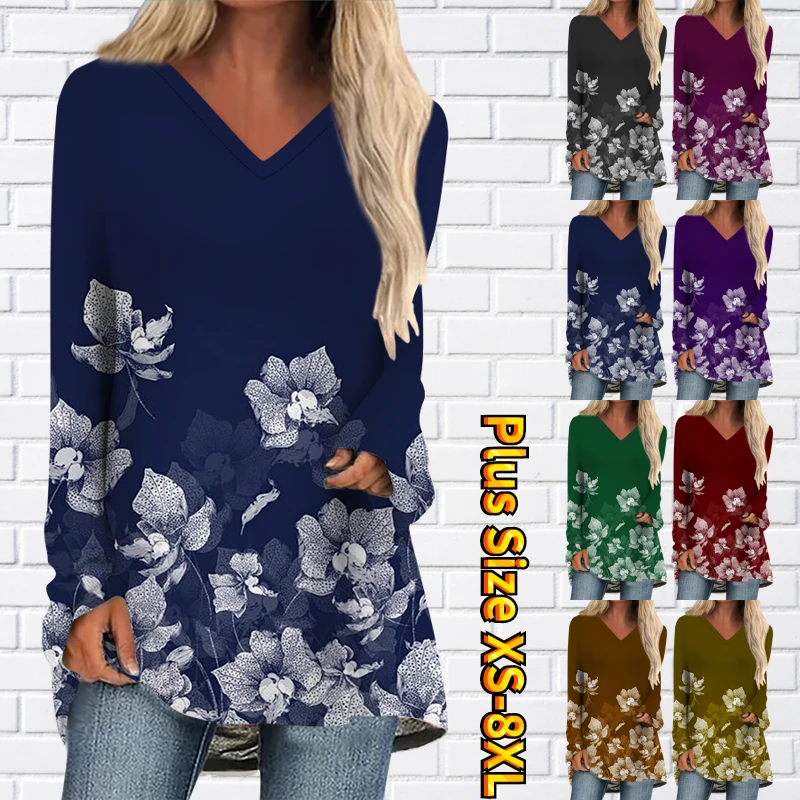 

2022 New Woen's Daily T-Shirt Elegance Long Sleeve Autumn Winter V- Neck Casual Pullover Ladies 3D Flower Printing Tee Shirt