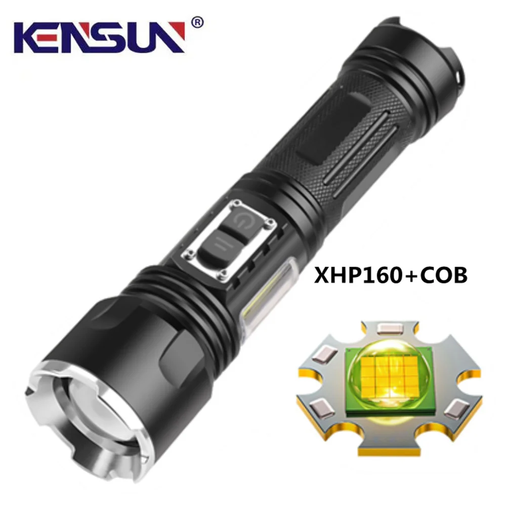 

XHP160 Glare Flashlight Double Switch TYPE-C Rechargeable Zoom COB Side Light Low Power Reminder For Camping