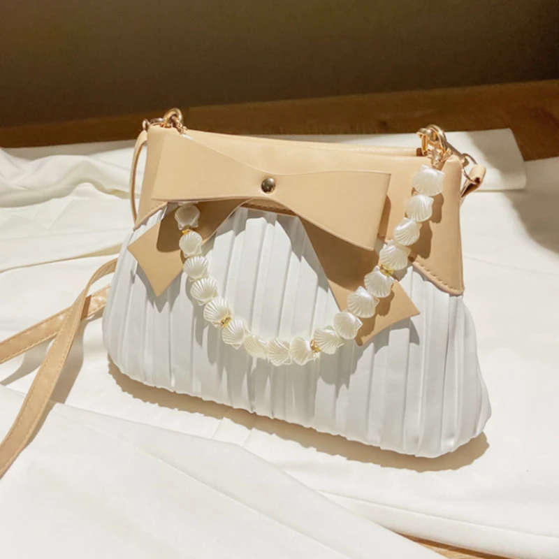 

Pleated Crossbody Bags Women Bowknot Decorate Fashion Elegant Ladies Shoulder Bag High Quality Luxury Ins Korean Design Chic PU