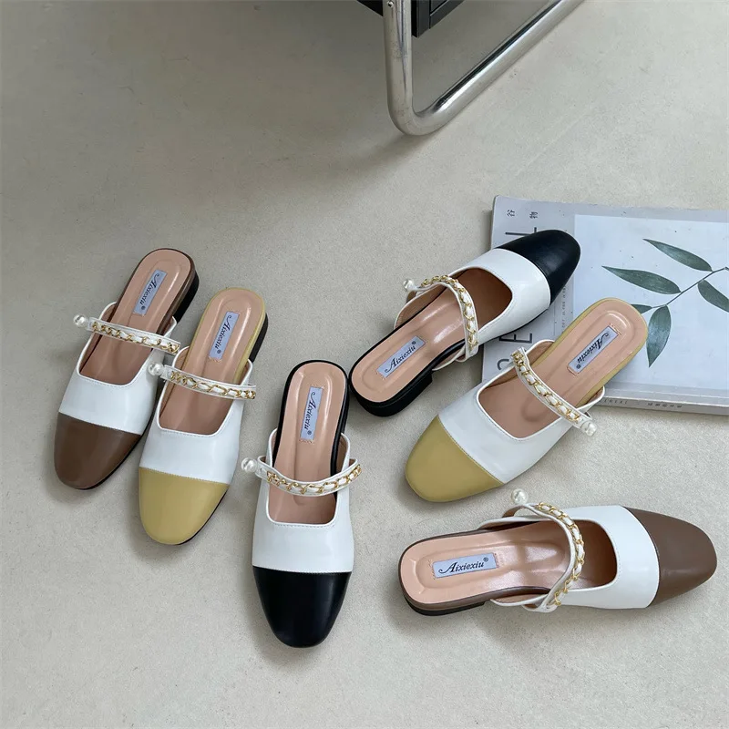 

Cover Toe Low Female Shoes Ladies' Slippers 2022 Rubber Hoof Heels Slides Fretwork PU Fabric Basic Female Shoes Ladies' Slippers