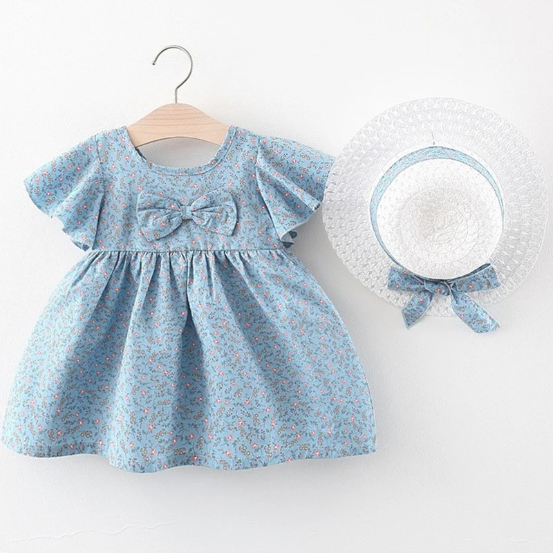 

Summer Outfit Toddler Girl Dresses Korean Fashion Cartoon Cute Print Cotton Baby Princess Dress+Sunhat Newborn Clothes Set