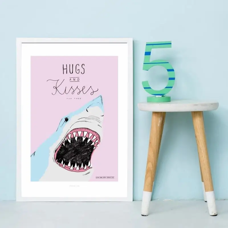 

Cartoon Shark Hugs and Kisses Quotes Warm Wall Art Canvas Painting Nordic Poster and Print Mural Kids Baby Room Nursery Decor