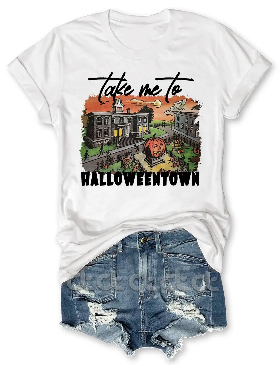 

Высококачественная женская футболка Teeteety из 100% хлопка с принтом «Take Me To Хэллоуин» и круглым вырезом
