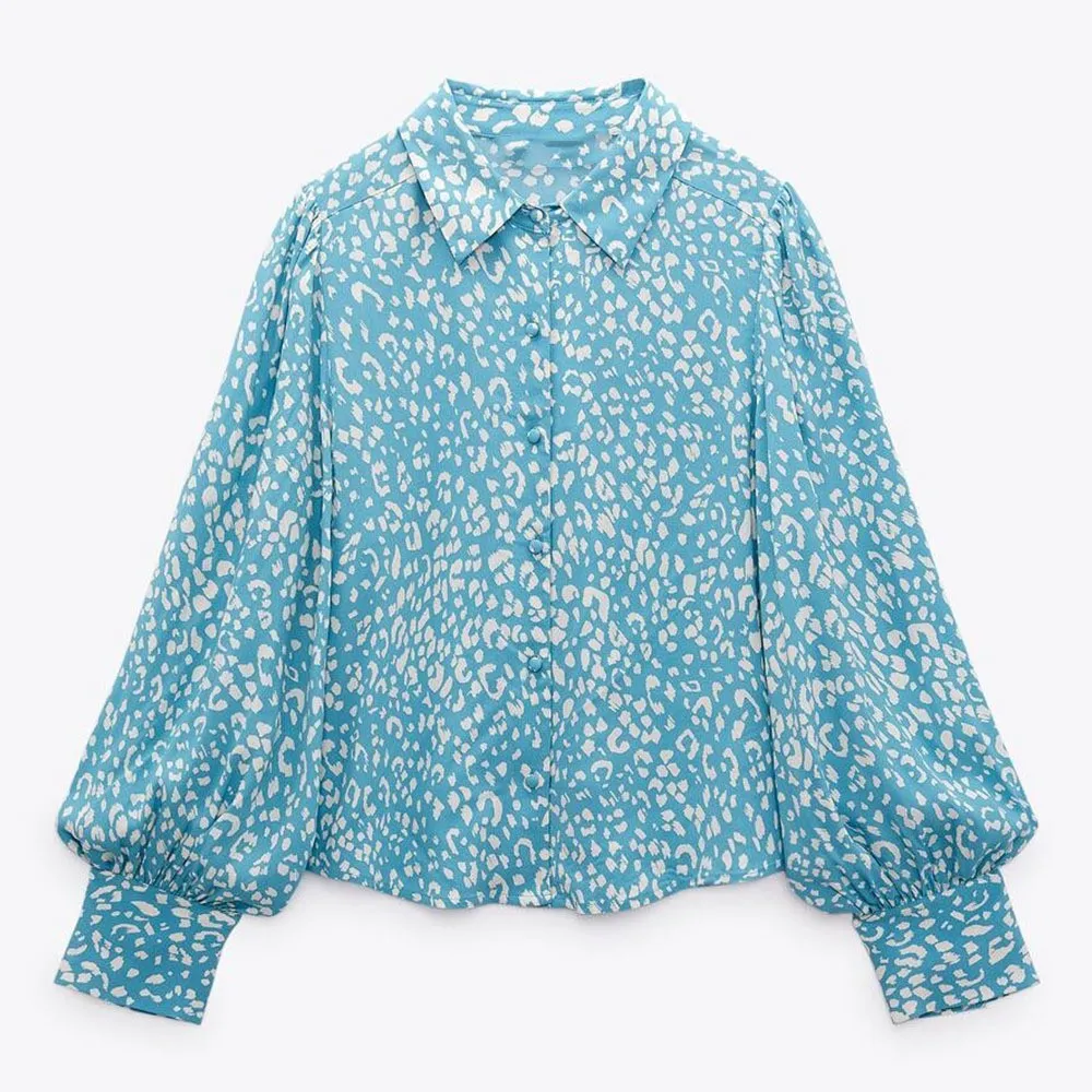 

DiYiG WOMAN2022 Spring/Summer New Women's button design fashion retro animal pattern long sleeve lantern sleeve printed shirt