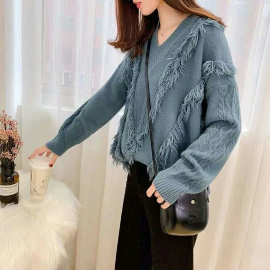 

2022 Blue Tassels Pullover Girl Woman Women Sweater V-Neck Knit Tops Tight Women's Sweaters Fall Spring Top Coat Cloth Suétere