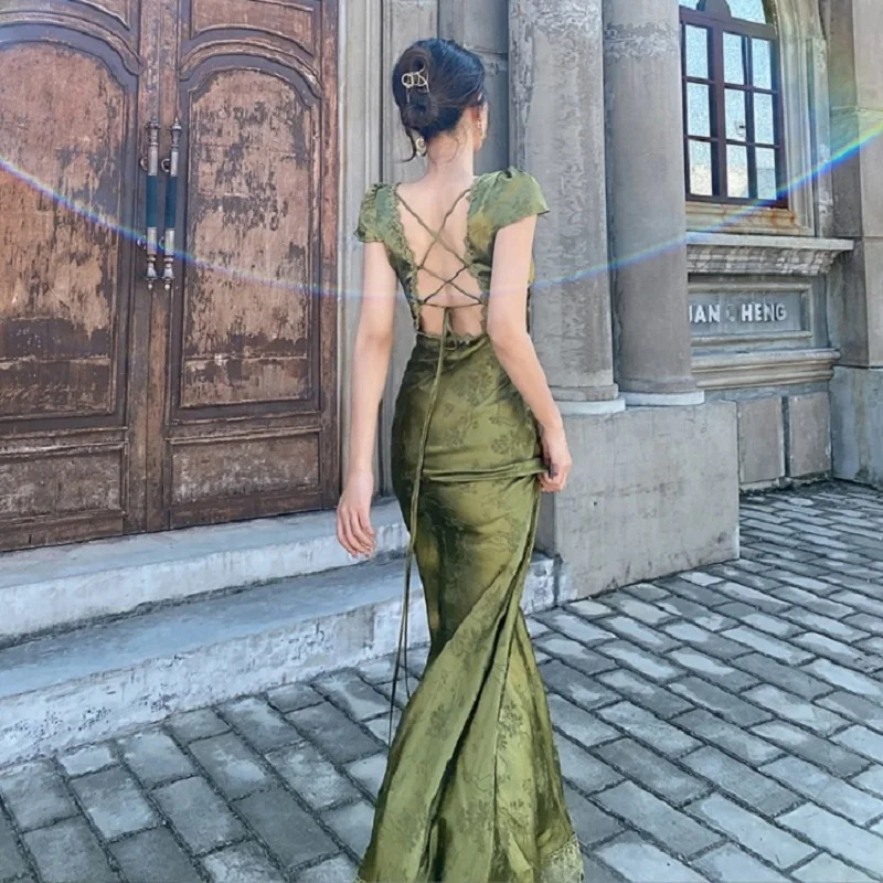 

Elegant Green V-Neck Satin Jacquard Dress Women's Backless Sexy Maxi Dress Summer Ladies Robe Vintage Vestidos Female Clothing