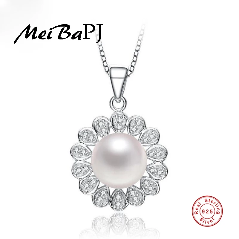 

[MeiBaPJ] 9-10mm big size pearl necklace Elegant 925 sterling silver flower pendant necklace for women with gift box