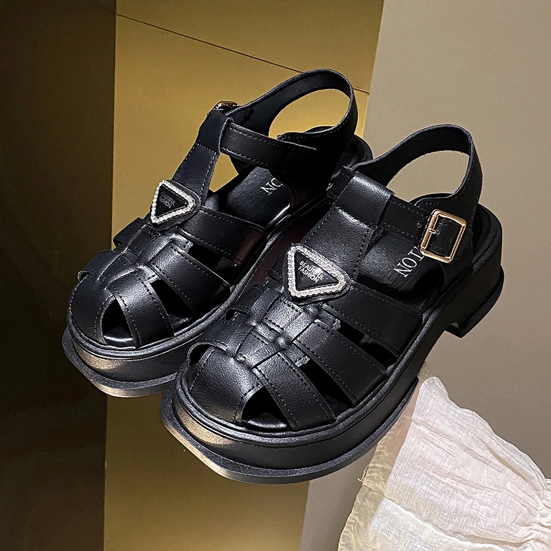 

Sandals for Women Summer 2023 Fashion New Leather Baotou Roman Sandals Ladies Retro Hollow Woven Women Sandals Female Shoes