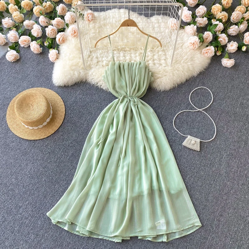 

Women's 2022 Summer New Fashion Sleeveless with Thin Waist Loose Green A-line Dress Sexy Vintage Clothes Vestido De Mujer D801