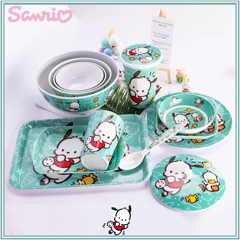 

Anime Sanrio Pochacco Dinner Set Melamine Household Dinner Plate Cake Dish Fruit Bowl Tea Cup Soup Spoon Cute Children Tableware