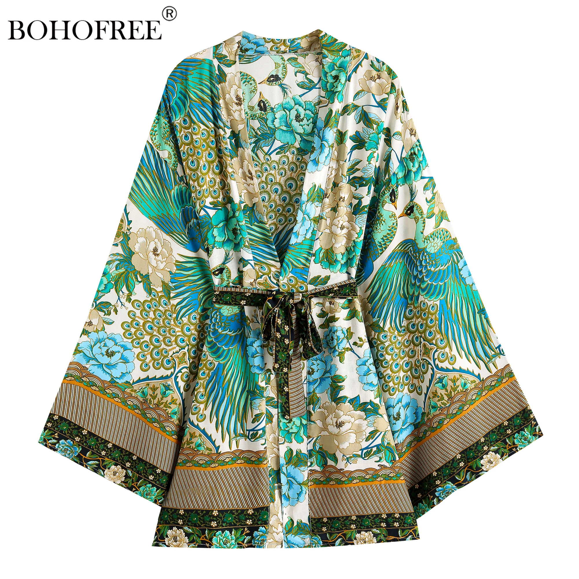 

Peacock print Short Robes Rayon Cotton Sashes Summer Beach Cover Ups Boho Kimonos Outerwear Casual Women Curve Plus Size Tops