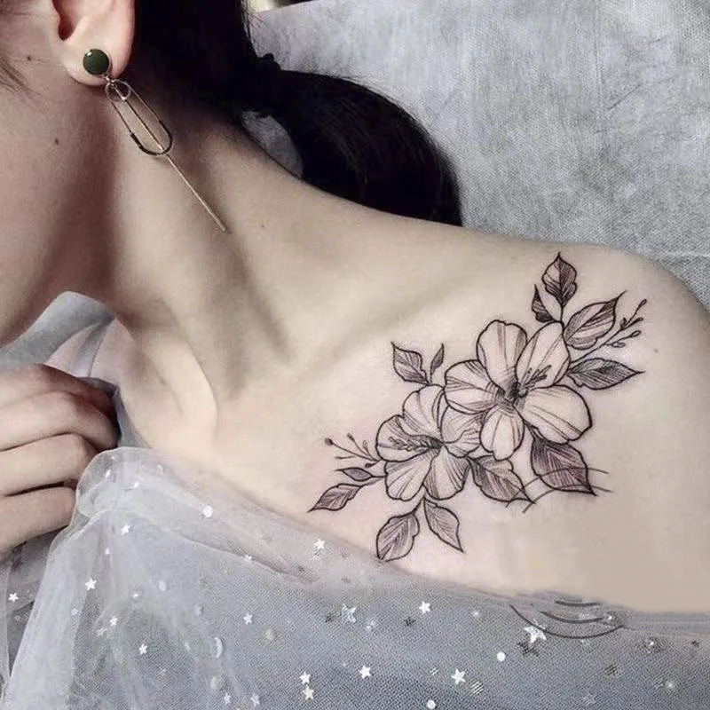 Waterproof Temporary Tattoo Sticker Sketch Flower Design Body Art Fake Tattoo Flash Tattoo Clavicle Shoulder Female
